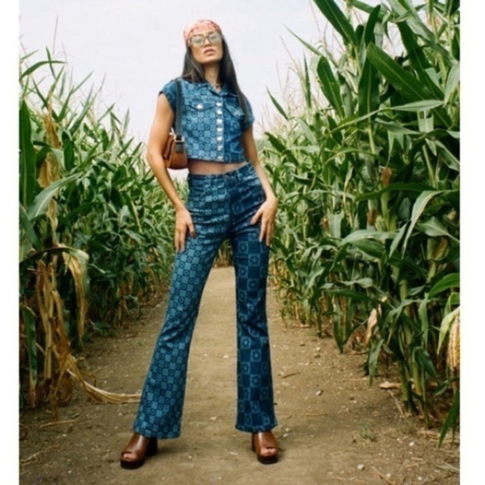NWT Jaded London Denim Set Crop Too Skinny Flare Jeans in Daisy Check